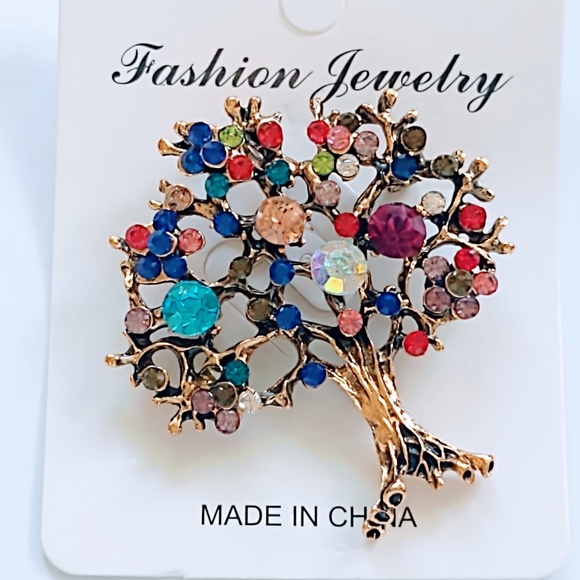 NEW FAMILY TREE OF LIFE GOLD TONE  RHINESTONE BROOCH/PIN FASHION JEWELRY/GIFT - Picture 1 of 5